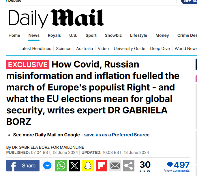 Daily Mail, Expert commentary: How Covid, Russian misinformation and inflation fuelled the march of Europe’s populist Right – and what the EU elections mean for global security